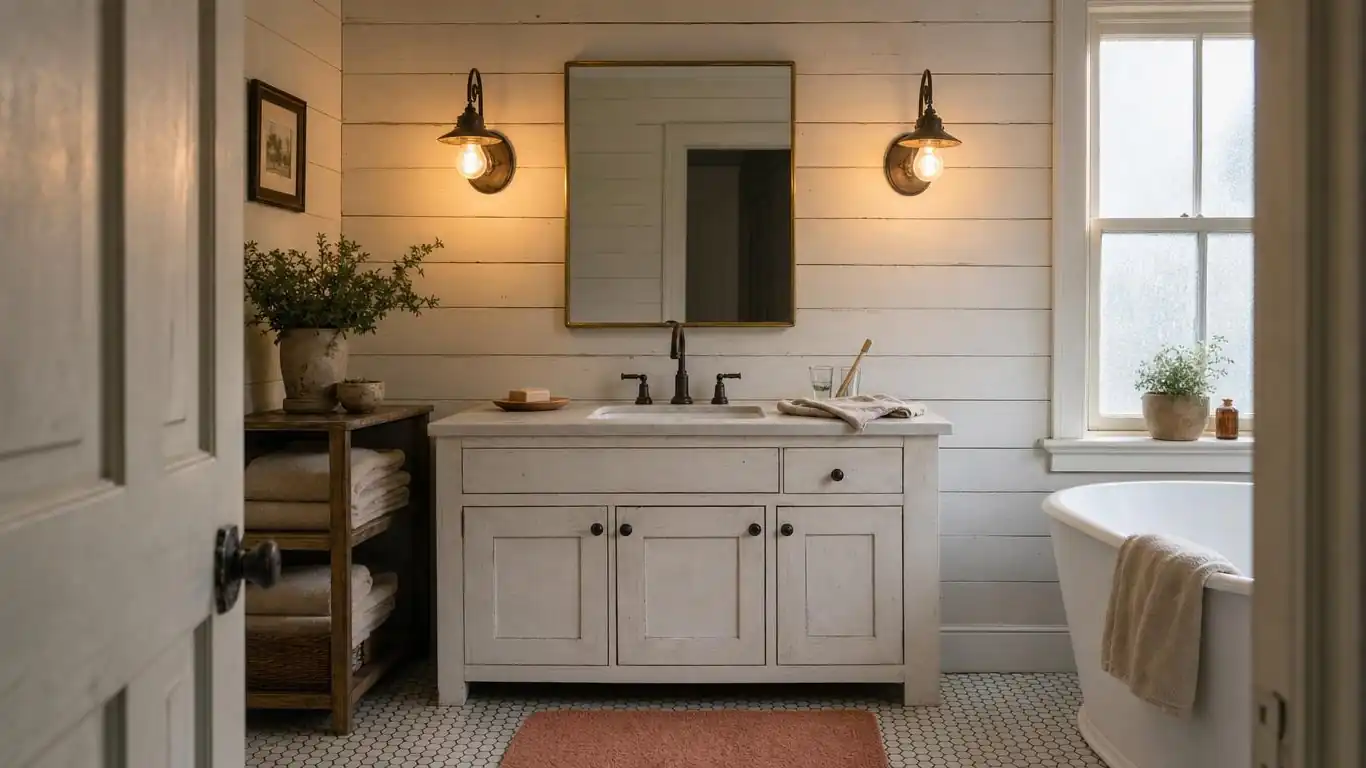 Cozy farmhouse bathroom with distressed white shaker vanity, oil-rubbed bronze faucet, and horizontal shiplap accent wall