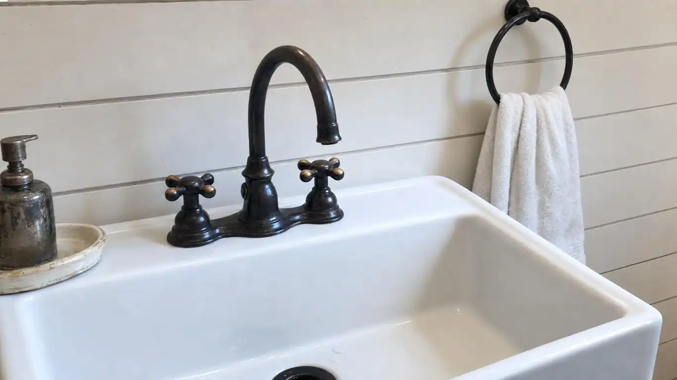 Oil-rubbed bronze cross-handle faucet and matching towel bar mounted on white shiplap wall in a farmhouse bathroom