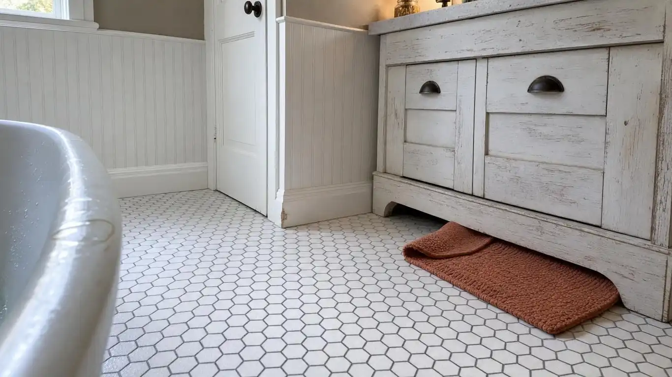 Farmhouse bathroom floor with white hex cement tile and dark charcoal grout, distressed white vanity base above
