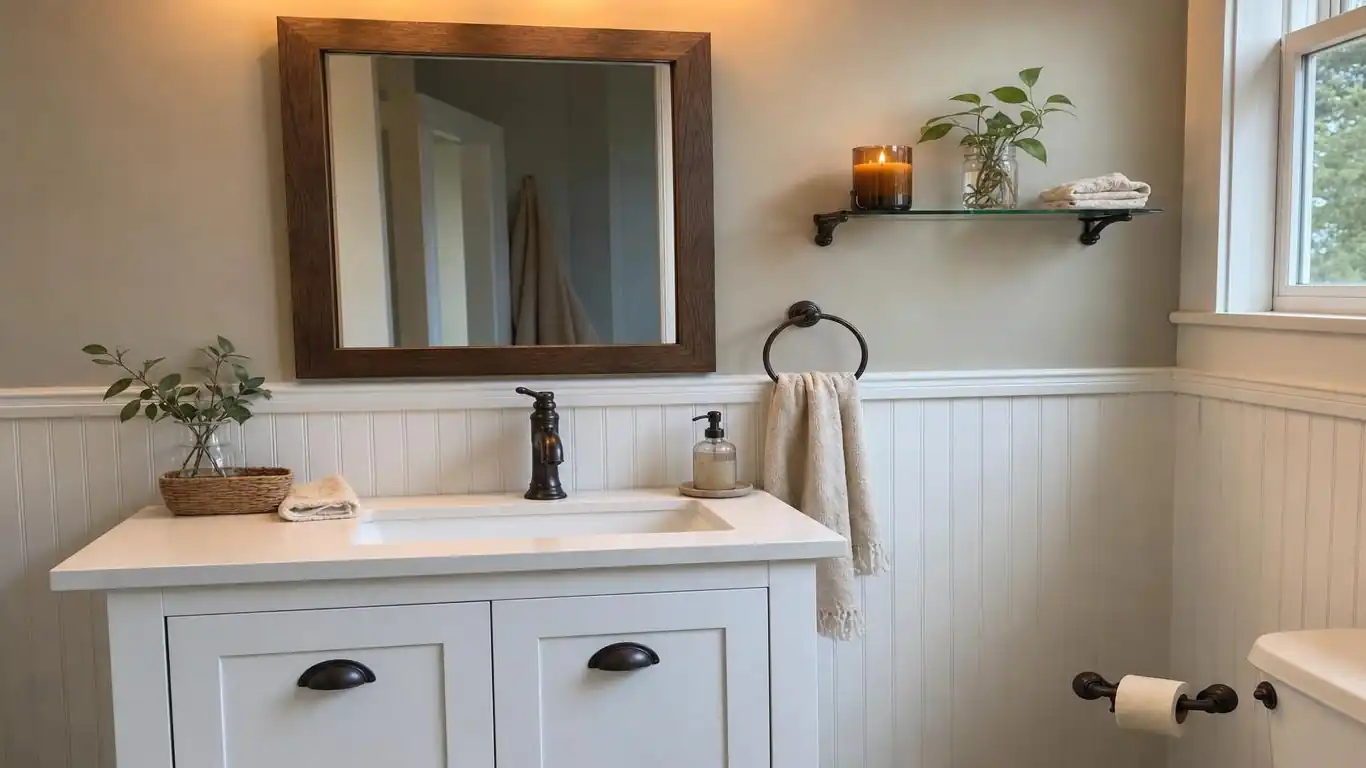 Well-styled farmhouse bathroom showing consistent oil-rubbed bronze hardware and single beadboard accent wall