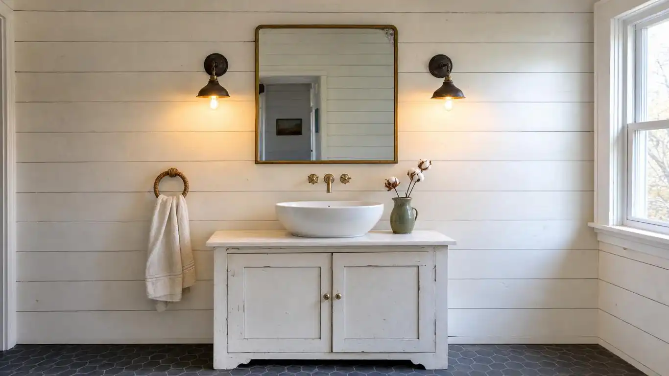 Farmhouse bathroom shiplap accent wall in soft white with unlacquered brass mirror frame and aged iron wall sconces