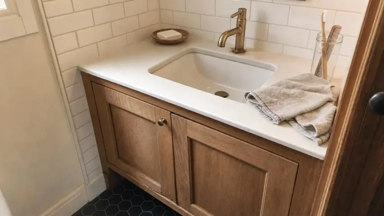 Warm oak farmhouse bathroom vanity with unlacquered brass fixtures, ceramic undermount sink, and charcoal hex tile floor