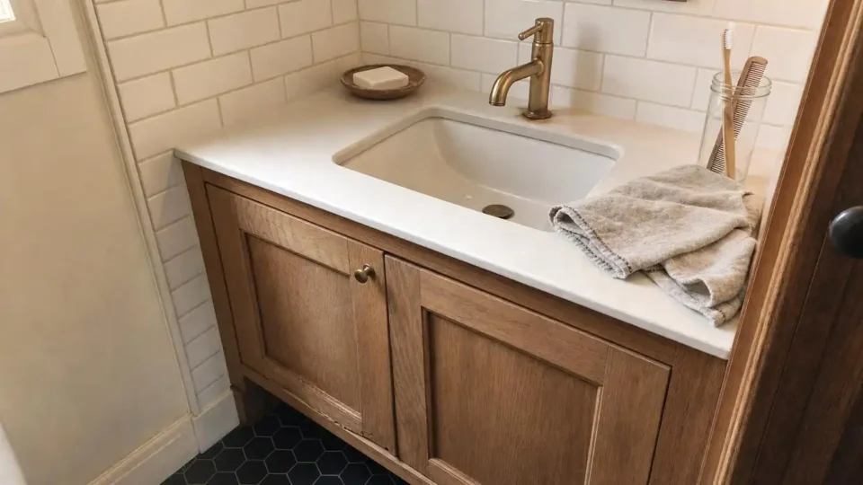 Warm oak farmhouse bathroom vanity with unlacquered brass fixtures, ceramic undermount sink, and charcoal hex tile floor