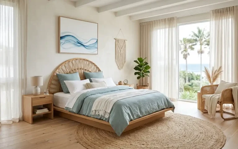 A luxurious boho coastal bedroom with rattan headboard, linen bedding, and soft oceanic sunlight.