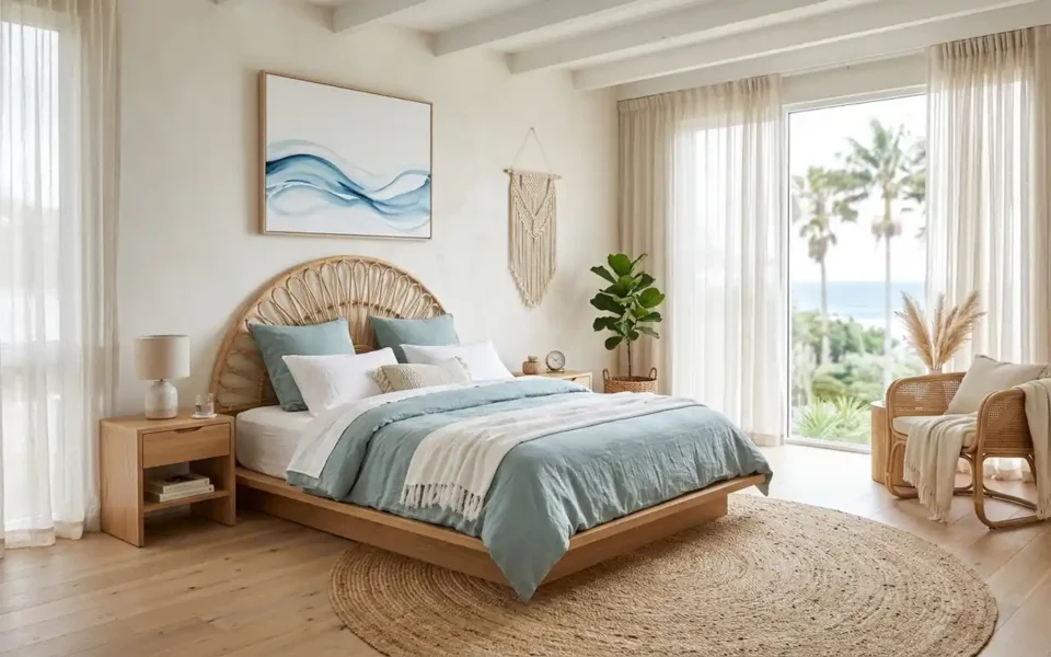 A luxurious boho coastal bedroom with rattan headboard, linen bedding, and soft oceanic sunlight.
