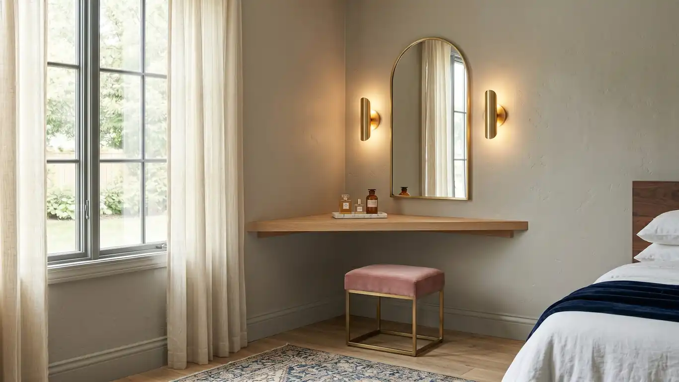 A luxurious, space-saving corner vanity featuring a floating oak shelf, an arched mirror, and a velvet stool.