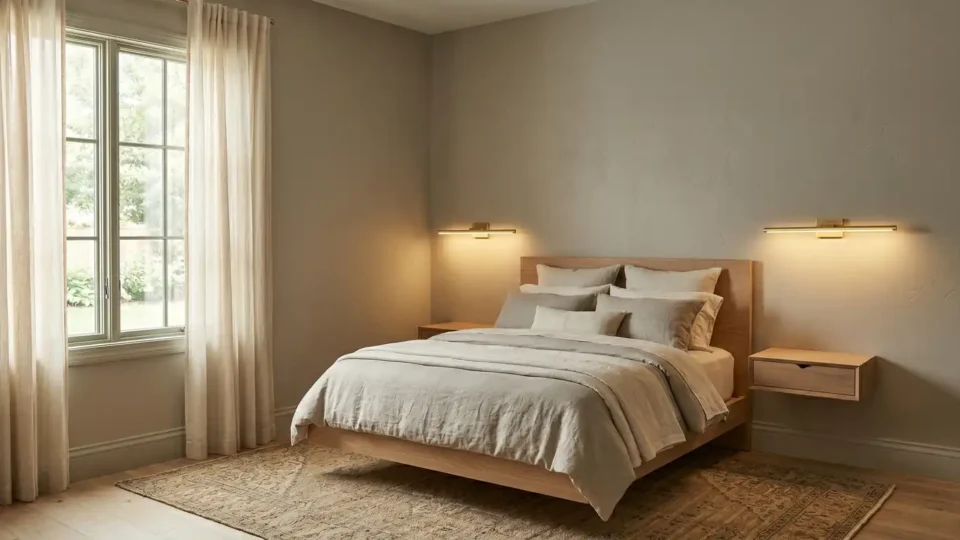 Luxurious small bedroom for couples featuring a low-profile platform bed, symmetrical floating nightstands, and warm neutral tones.