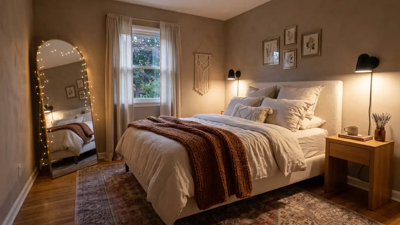 A highly aesthetic, cozy small bedroom with layered chunky knit bedding, warm fairy lights, and an earthy color palette.