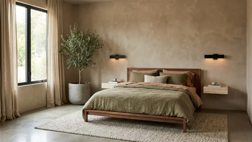 Luxurious earthy modern bedroom featuring limewash walls, a walnut platform bed, and rich olive linen bedding.
