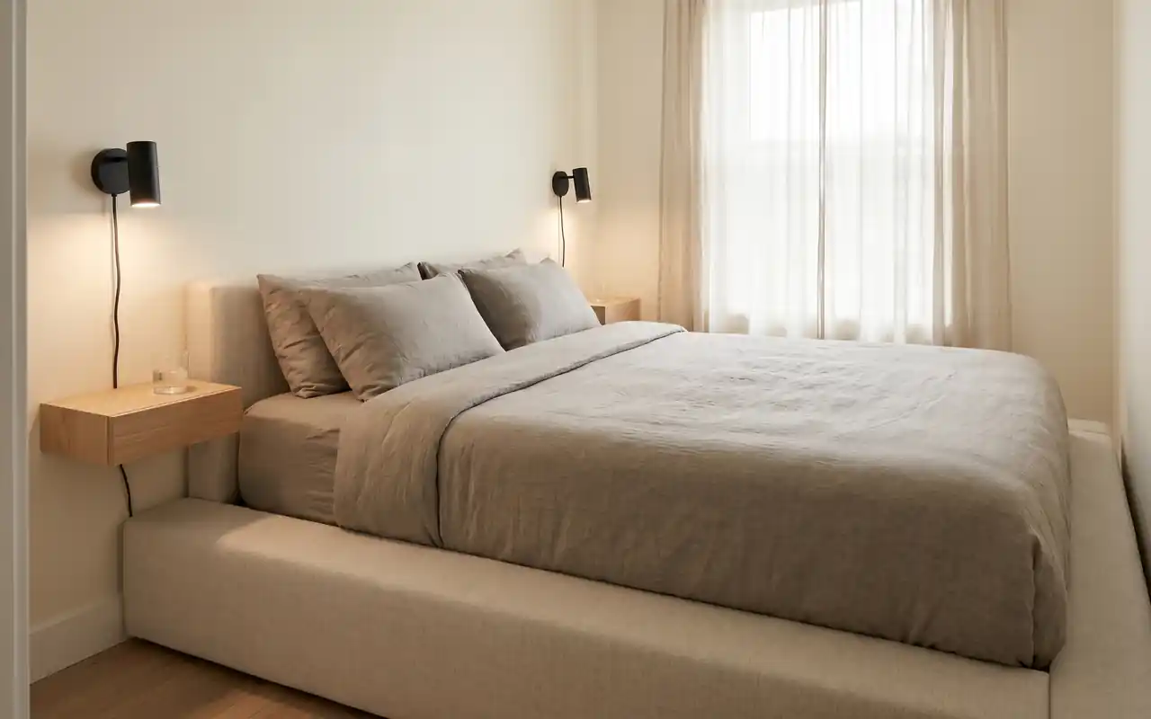Small bedroom featuring a large king size bed with neutral bedding and floating nightstands.