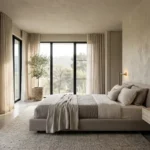 Luxurious 2026 minimalist bedroom featuring textured limewash walls, a low-profile bed, and warm greige tones.