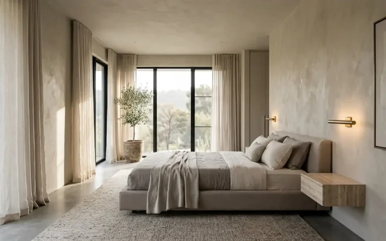 Luxurious 2026 minimalist bedroom featuring textured limewash walls, a low-profile bed, and warm greige tones.