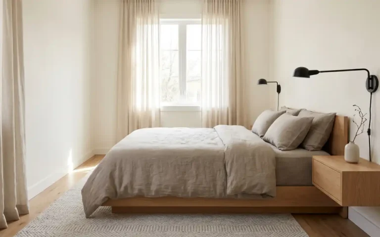 Minimalist small bedroom featuring a low-profile platform bed and warm neutral color palette.