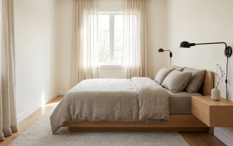 Minimalist small bedroom featuring a low-profile platform bed and warm neutral color palette.