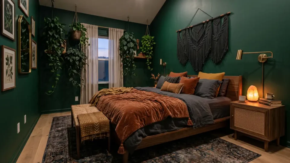 Luxurious moody boho bedroom featuring dark emerald walls, a warm wood platform bed, and layered vintage rugs.