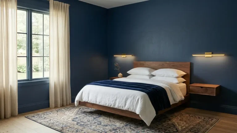 Luxurious navy blue bedroom featuring color-drenched walls, a warm walnut platform bed, and crisp white linen bedding.