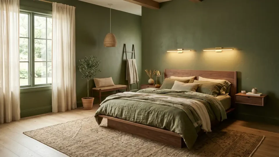 Luxurious olive green bedroom featuring color-drenched walls, a walnut platform bed, and layered cream linen bedding.