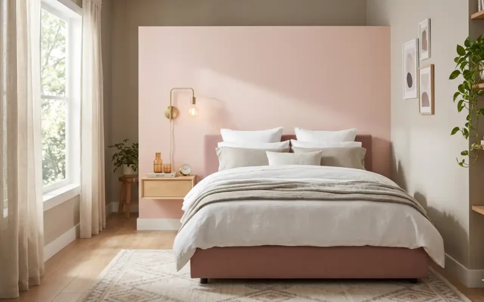 Minimalist small bedroom featuring a soft blush accent wall, low-profile bed, and natural light.