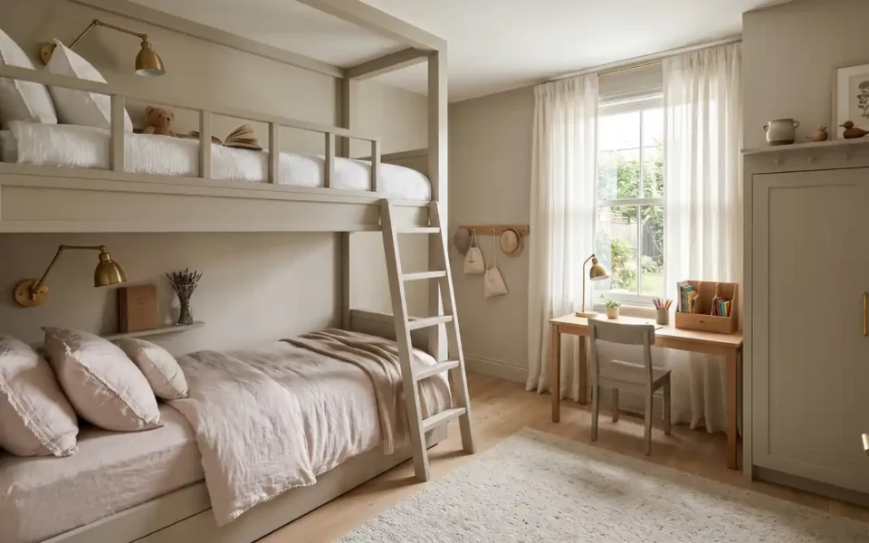 Luxurious small shared bedroom for two sisters featuring custom built-in bunk beds and soft neutral tones.
