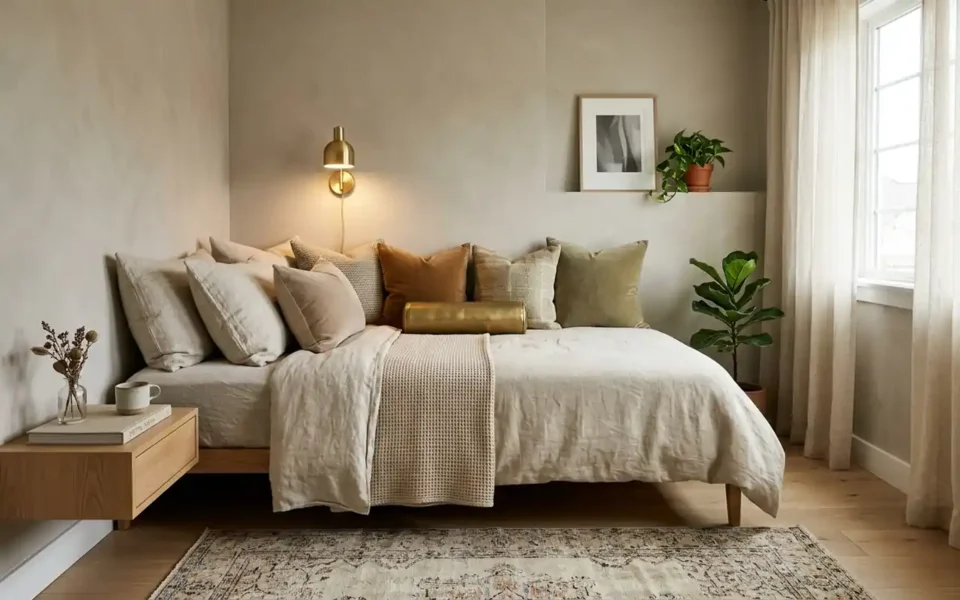 Luxurious small bedroom featuring a single bed styled as a daybed with neutral tones.