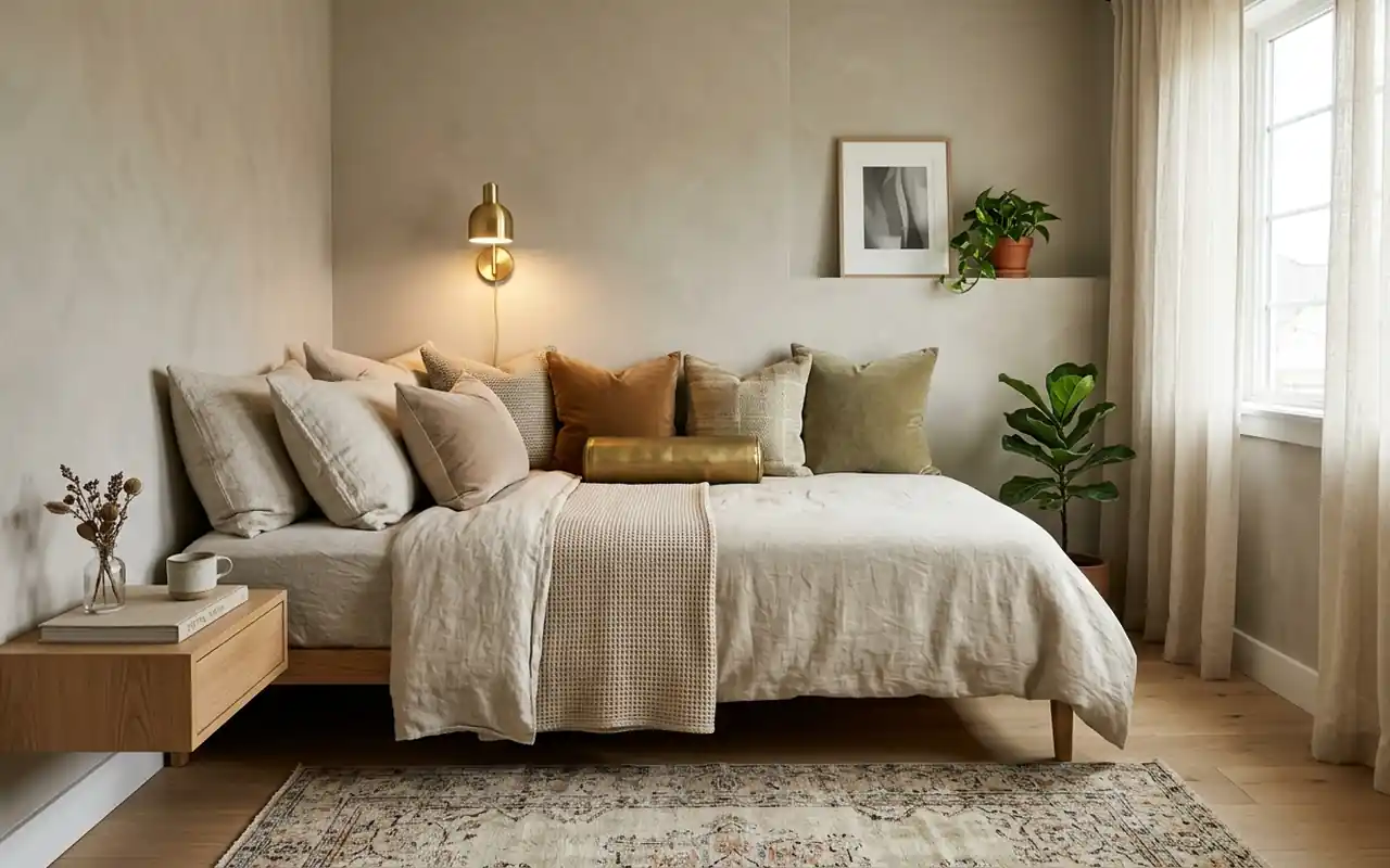Luxurious small bedroom featuring a single bed styled as a daybed with neutral tones.