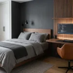 Luxurious, moody teen boy bedroom featuring a dark grey accent wall, low-profile bed, and industrial accents.