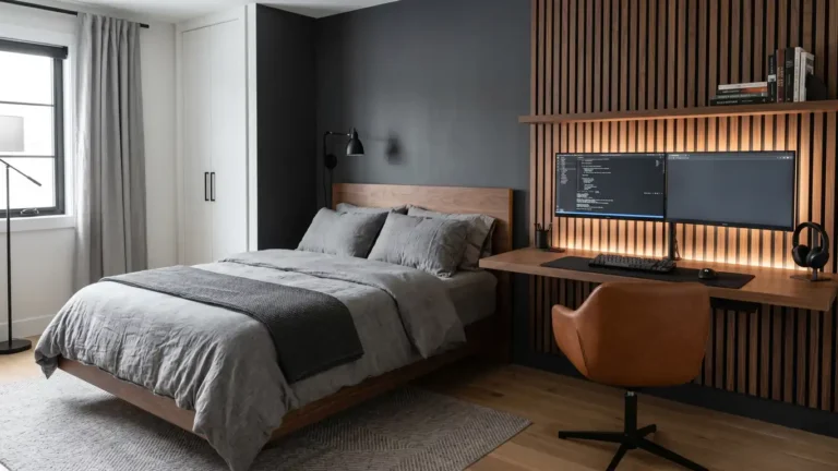 Luxurious, moody teen boy bedroom featuring a dark grey accent wall, low-profile bed, and industrial accents.