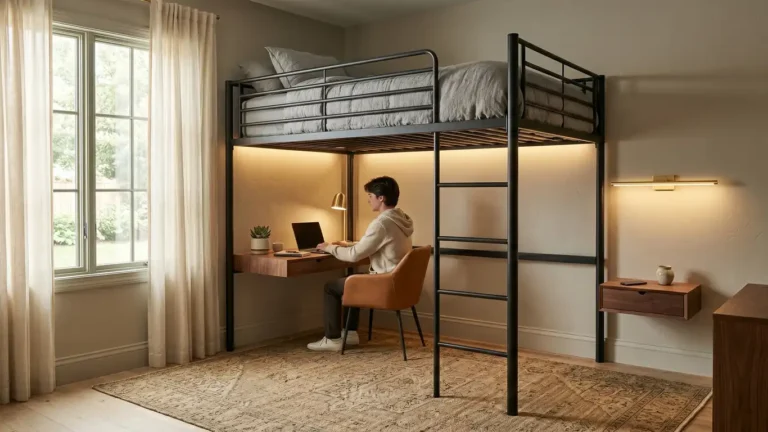 Luxurious small teen bedroom featuring a sleek metal loft bed with a warm wood floating desk underneath.