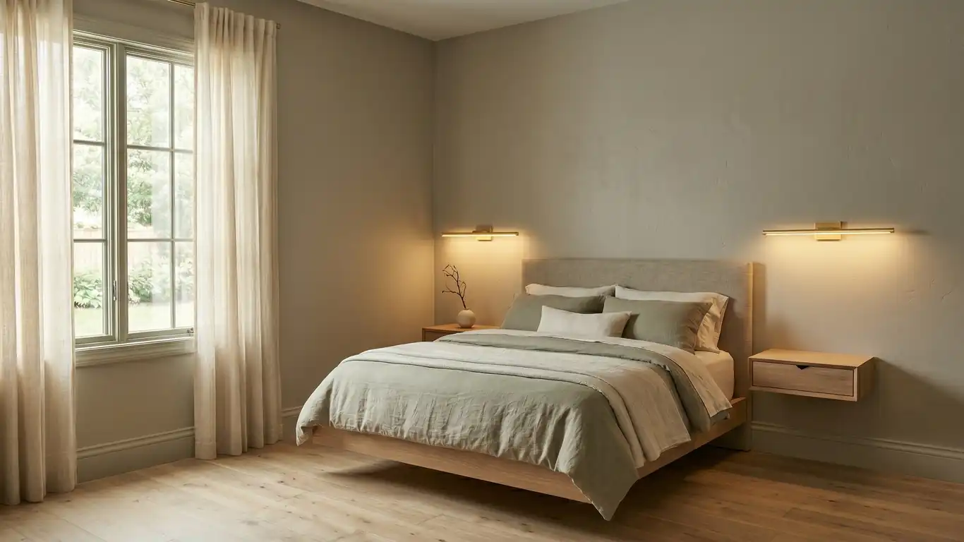 Luxurious, very small bedroom featuring color-drenched greige walls, a low-profile bed, and floating nightstands.
