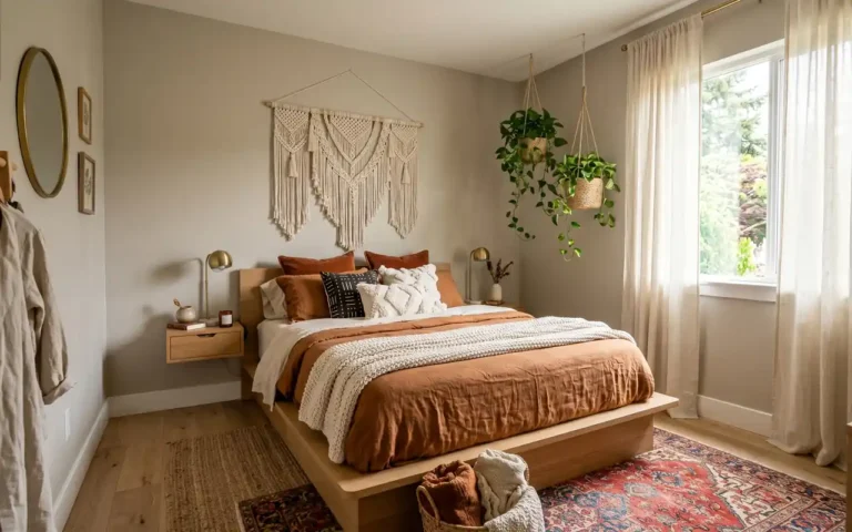 Very small boho bedroom featuring a low-profile bed, macrame wall hanging, and warm earthy tones.