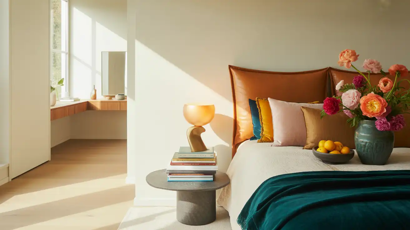 Minimalist bedroom layout showing a floating corner vanity desk that keeps the floor completely clear and open.