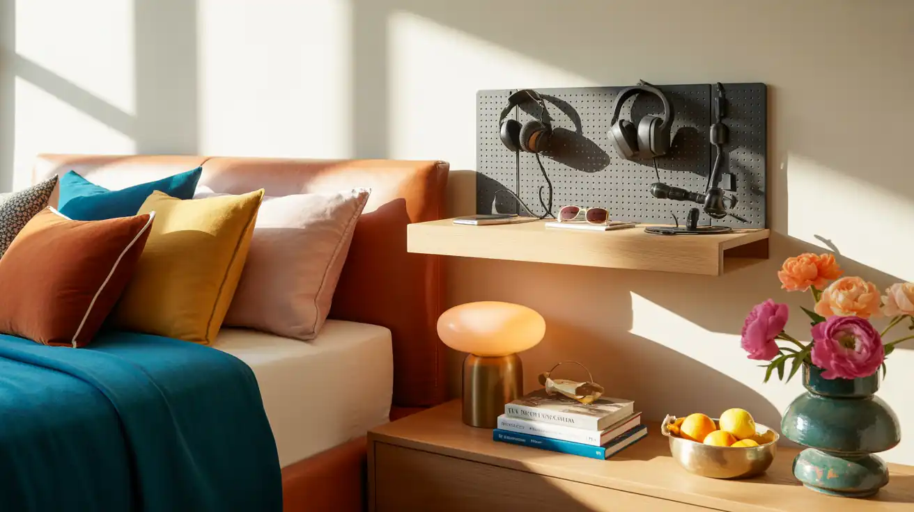Sleek warm oak floating desk paired with a matte black metal pegboard holding headphones and accessories.