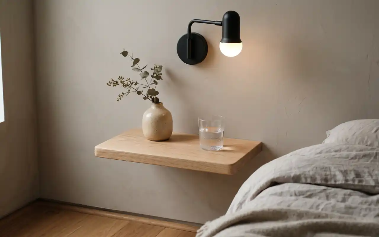 Soft oak floating nightstand mounted to a warm greige wall next to a linen-dressed bed.