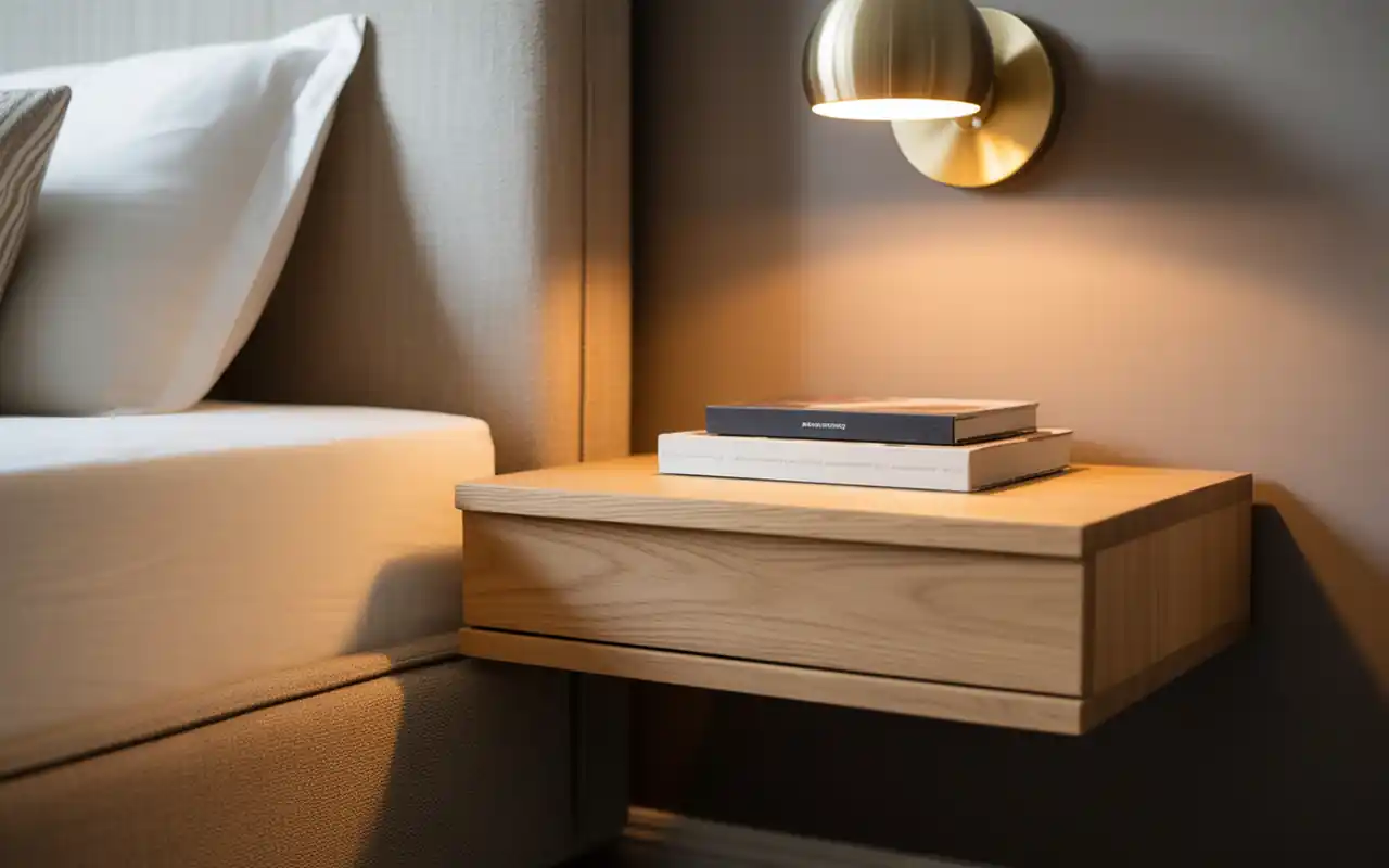 Soft oak floating nightstand mounted next to a large mattress with a brushed brass sconce.