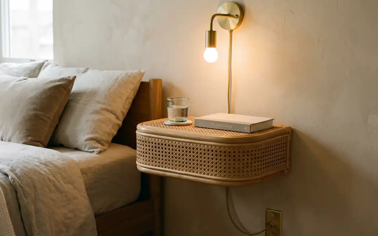 Wall-mounted floating rattan nightstand next to a cozy bed with a brass plug-in wall sconce.