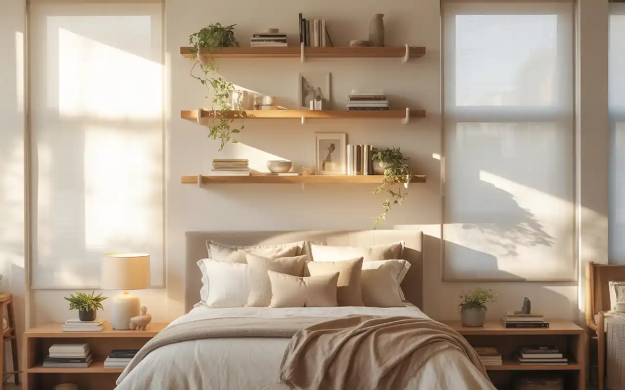 Soft oak floating shelves mounted above a single bed, displaying books and a trailing pothos plant.