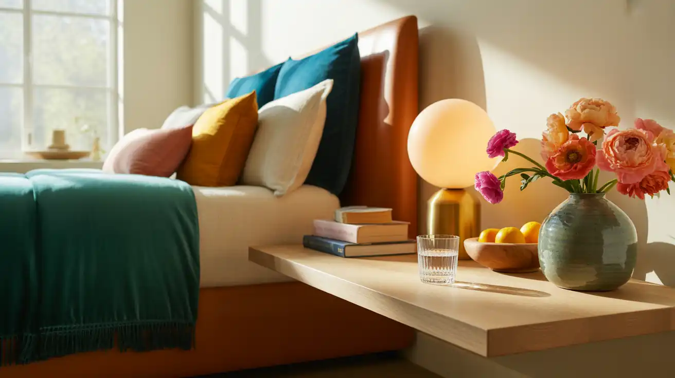 Close-up of a sleek, wall-mounted soft oak floating nightstand keeping the floor completely exposed.
