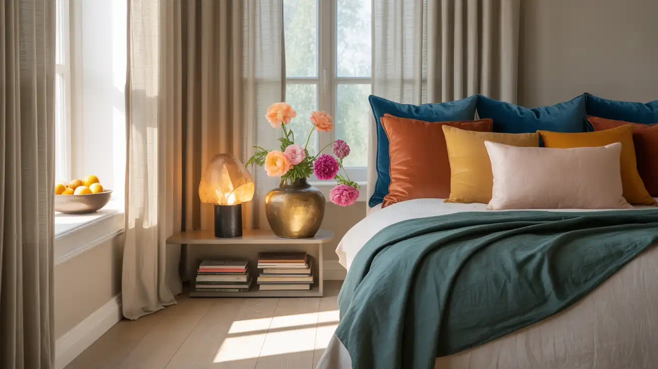 Elegant unbleached sheer linen curtains hung from the ceiling to the floor, softening the light in a small couples bedroom.