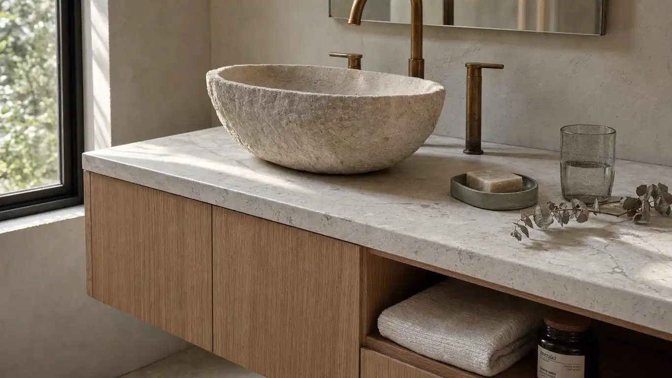 Fluted ceramic accent wall behind a floating oak vanity with brushed brass taps and a stone vessel basin