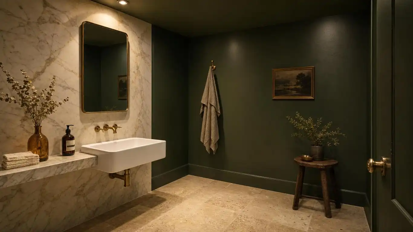 Forest green bathroom with dark marble tile, matte black faucet, and warm recessed ceiling light at 2700K