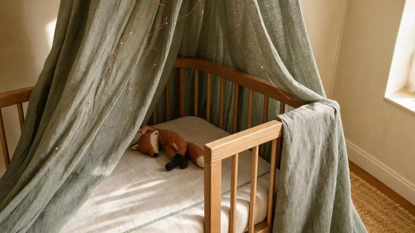Sage linen fabric canopy over a natural wood crib with copper wire fairy lights in an enchanted forest nursery