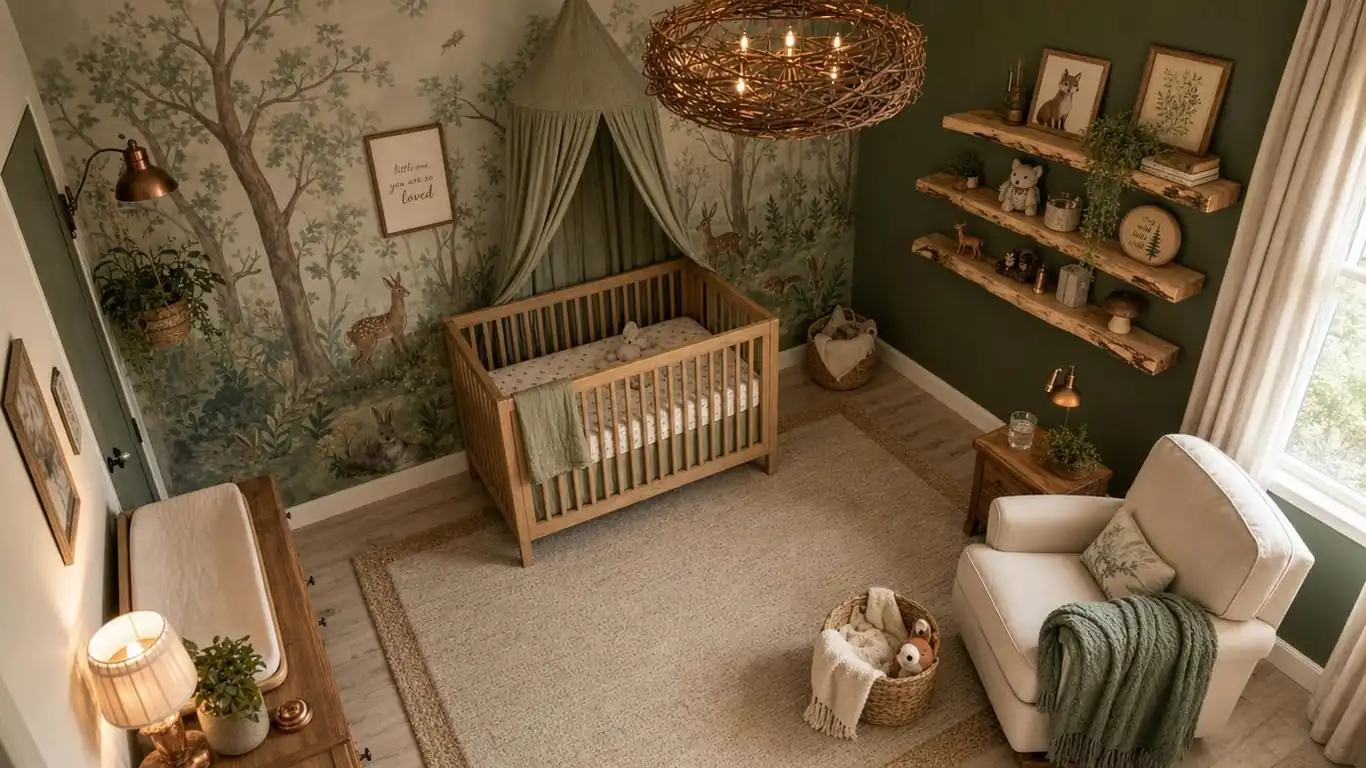Deep forest green accent wall behind a natural oak slatted crib in a woodland-themed nursery with warm lighting