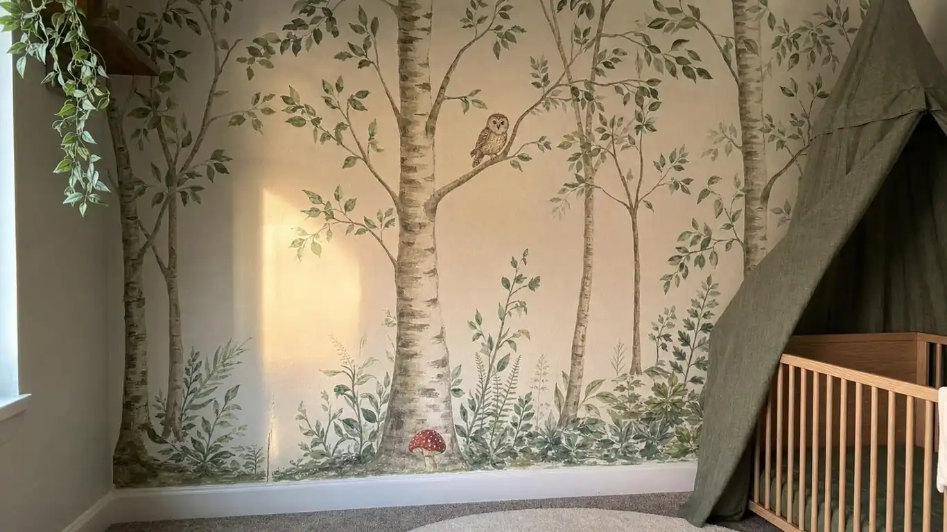 Woodland mural wall in an enchanted forest nursery showing tall birch trees, sage green leaves, and mushroom details