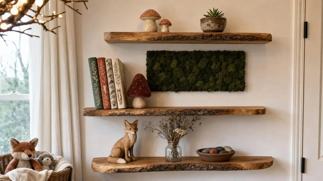 Preserved reindeer moss wall panels in forest green and chartreuse mounted above a raw wood dresser in a nursery