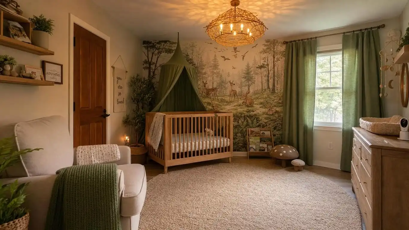 Full enchanted forest nursery room view showing mural wall, branch chandelier, sage canopy, and layered textiles