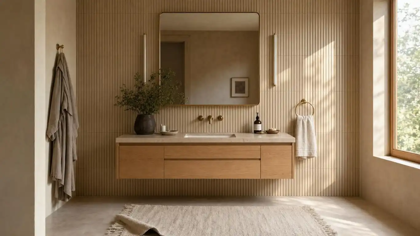 Freestanding limestone vessel basin on a matte oak floating vanity with unlacquered brass column taps and travertine wall tile
