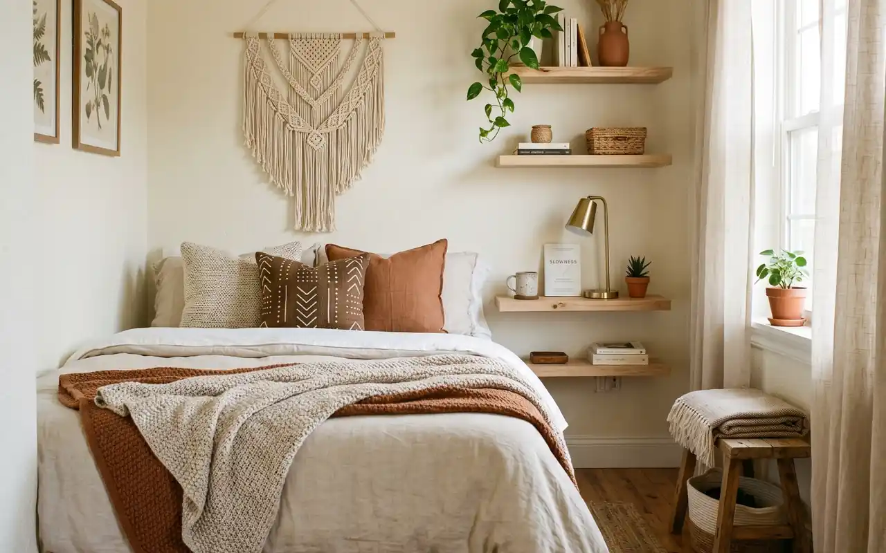 Minimalist bohemian bedroom layout with floating nightstands and sheer linen curtains to maximize space.