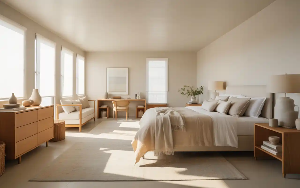 Minimalist coastal boho bedroom layout with light oak floors and airy textures.