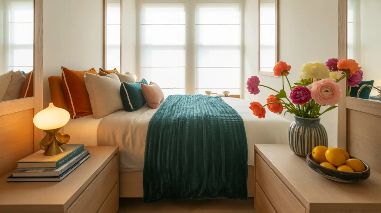 Minimalist, highly functional couples bedroom layout with clear walking paths on both sides of a centered queen bed.