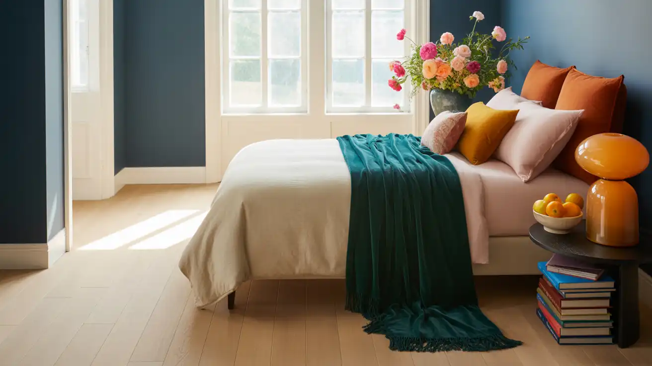 Wide view of a highly functional small teen bedroom showing clean walkways and distinct study and sleep zones.